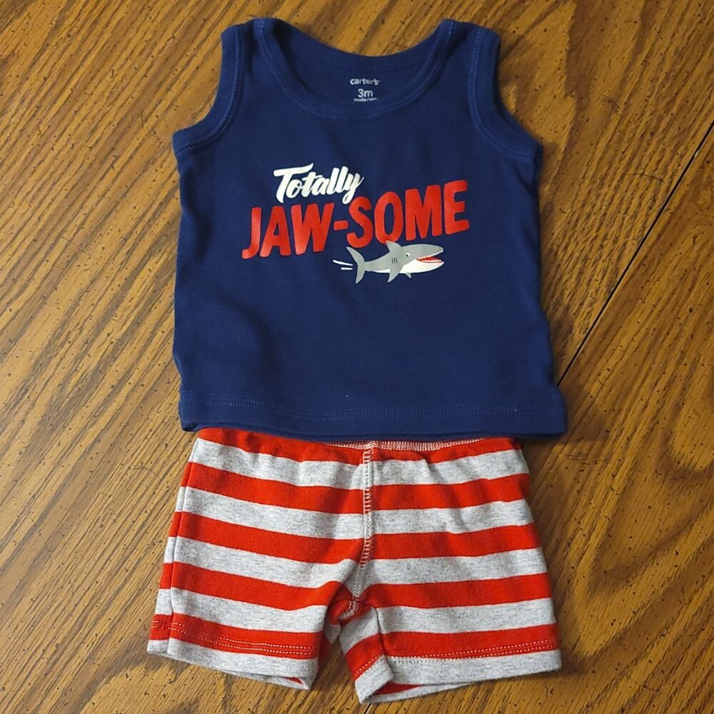 Carter’s Shark Outfit Set 3M Totally Jaw-Some Tank & Shorts Baby Boy Summer